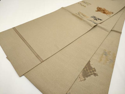 平和屋着物●アンティーク　大正ロマン　丸帯　引き抜き帯　総刺繍　舞蝶花鳥唐草文　金糸　正絹　逸品　CABG3204tx