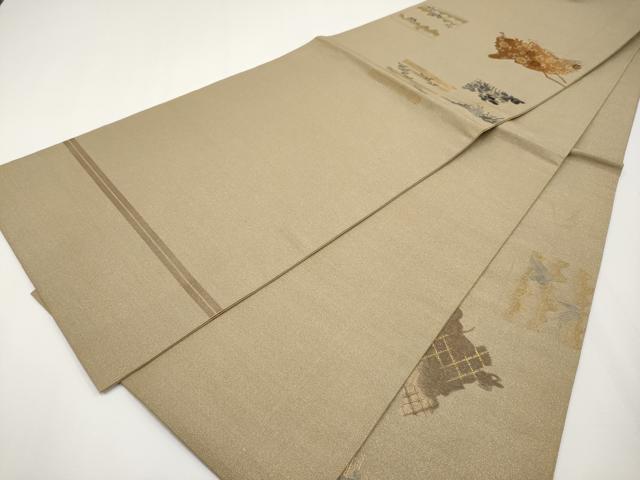 平和屋着物●アンティーク　大正ロマン　丸帯　引き抜き帯　総刺繍　舞蝶花鳥唐草文　金糸　正絹　逸品　CABG3204tx