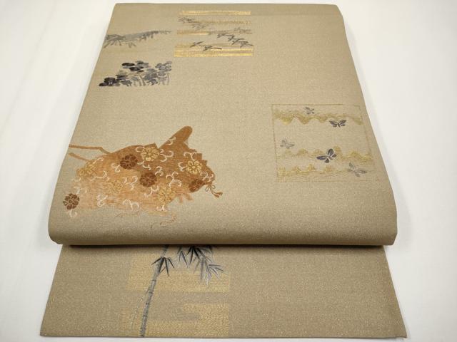 平和屋着物●アンティーク　大正ロマン　丸帯　引き抜き帯　総刺繍　舞蝶花鳥唐草文　金糸　正絹　逸品　CABG3204tx