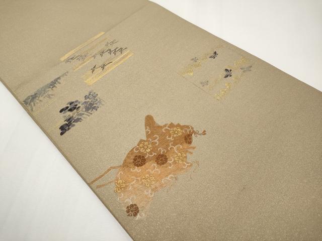 平和屋着物●アンティーク　大正ロマン　丸帯　引き抜き帯　総刺繍　舞蝶花鳥唐草文　金糸　正絹　逸品　CABG3204tx