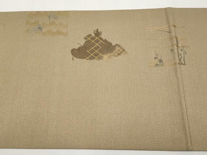 平和屋着物●アンティーク　大正ロマン　丸帯　引き抜き帯　総刺繍　舞蝶花鳥唐草文　金糸　正絹　逸品　CABG3204tx