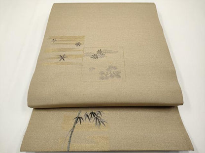平和屋着物●アンティーク　大正ロマン　丸帯　引き抜き帯　総刺繍　舞蝶花鳥唐草文　金糸　正絹　逸品　CABG3204tx