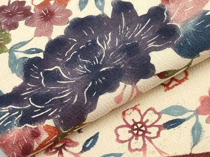 平和屋着物●九寸名古屋帯　紬地　型染め　枝花文　三越扱い　正絹　逸品　CABG3205tx