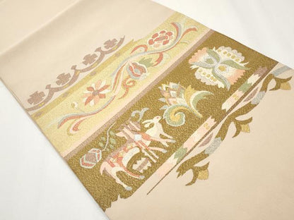平和屋着物●爪掻き本綴れ　八寸名古屋帯　動物花唐草文　金糸　正絹　逸品　CABG3206tx