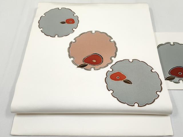 平和屋着物●塩瀬　九寸名古屋帯　駒刺繍　雪輪花文　金彩　三越扱い　正絹　逸品　CABG3211tx