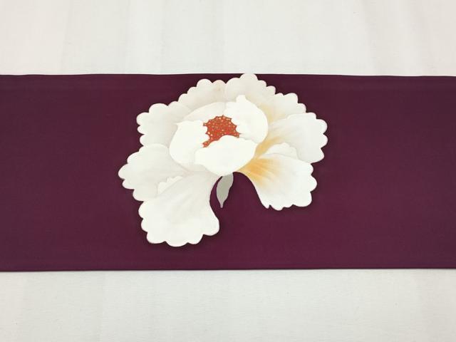 平和屋着物●塩瀬　九寸名古屋帯　手描き　牡丹　金彩　正絹　逸品　CABG3212tx