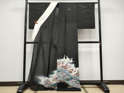 平和屋着物＊夏物 黒留袖 絽 飛鶴風景文 金彩 正絹 逸品 CABG3224tx
