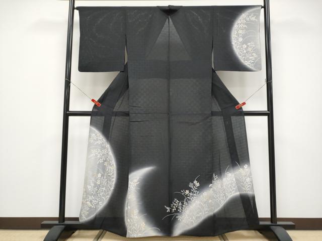 平和屋着物＊夏物 訪問着 変わり絽 秋草文 暈し染め 黒地 金銀彩 正絹 逸品 CABG3227tx