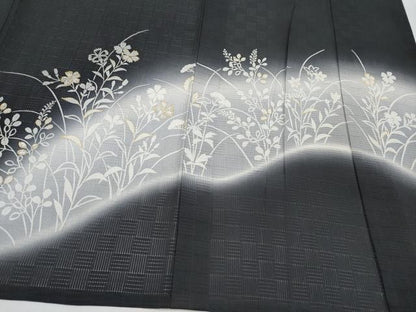 平和屋着物＊夏物 訪問着 変わり絽 秋草文 暈し染め 黒地 金銀彩 正絹 逸品 CABG3227tx