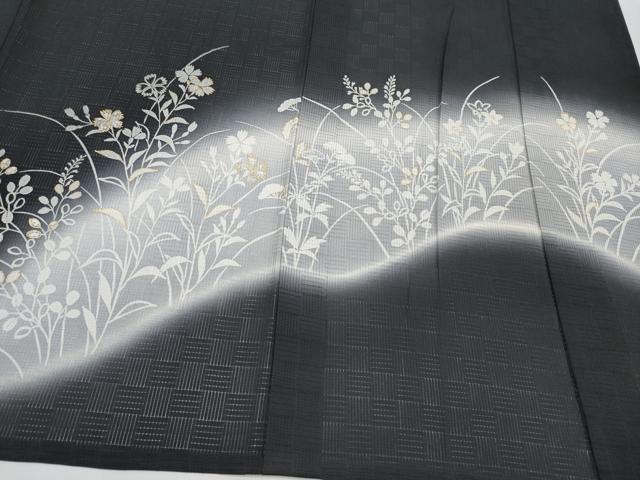 平和屋着物＊夏物 訪問着 変わり絽 秋草文 暈し染め 黒地 金銀彩 正絹 逸品 CABG3227tx