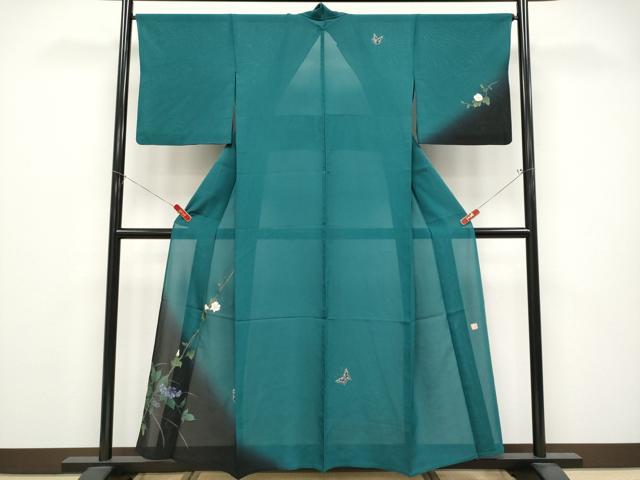 平和屋着物＊夏物 訪問着 作家物 手描き 菱紋紗 花蝶文 暈し染め 金銀彩 正絹 逸品 CABG3256tx