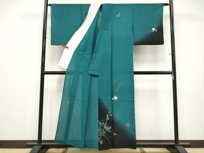 平和屋着物＊夏物 訪問着 作家物 手描き 菱紋紗 花蝶文 暈し染め 金銀彩 正絹 逸品 CABG3256tx