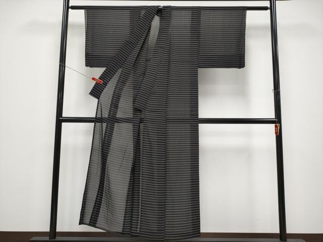 平和屋着物＊夏物　小紋　紗　横段文　黒地　正絹　逸品　CABG3264tx