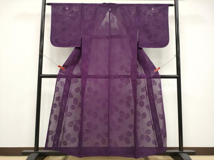 平和屋着物＊夏物　色無地　枝葉紋紗　葡萄色　正絹　逸品　未使用　CABG3275tx