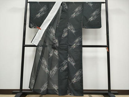 平和屋着物＊夏物　小紋　絽　流水草花文　黒地　洗える着物　CABG3306tx