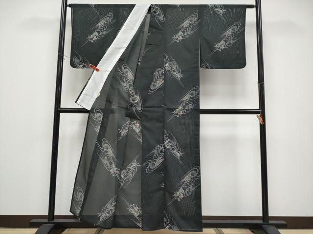 平和屋着物＊夏物　小紋　絽　流水草花文　黒地　洗える着物　CABG3306tx