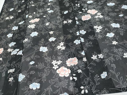 平和屋着物＊夏物　小紋　絽　枝花文　黒地　洗える着物　CABG3316tx