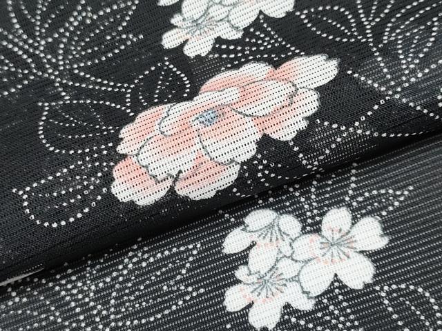 平和屋着物＊夏物　小紋　絽　枝花文　黒地　洗える着物　CABG3316tx