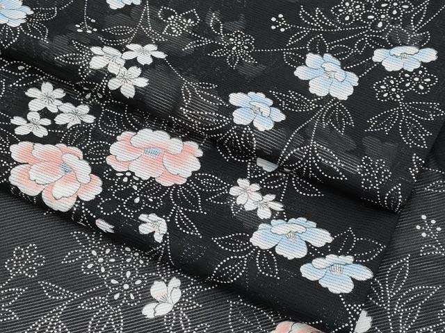 平和屋着物＊夏物　小紋　絽　枝花文　黒地　洗える着物　CABG3316tx
