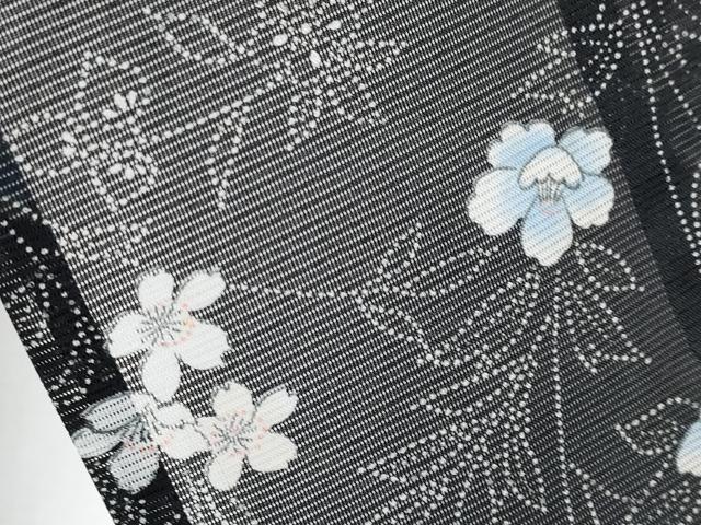 平和屋着物＊夏物　小紋　絽　枝花文　黒地　洗える着物　CABG3316tx