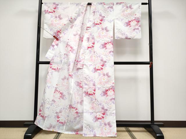 平和屋着物＊夏物　小紋　紅梅　草花文　洗える着物　CABG3317tx