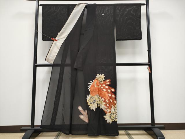 平和屋着物＊夏物　黒留袖　絽　総刺繍　尾長鳥　金銀糸　正絹　逸品　CABG3329tx