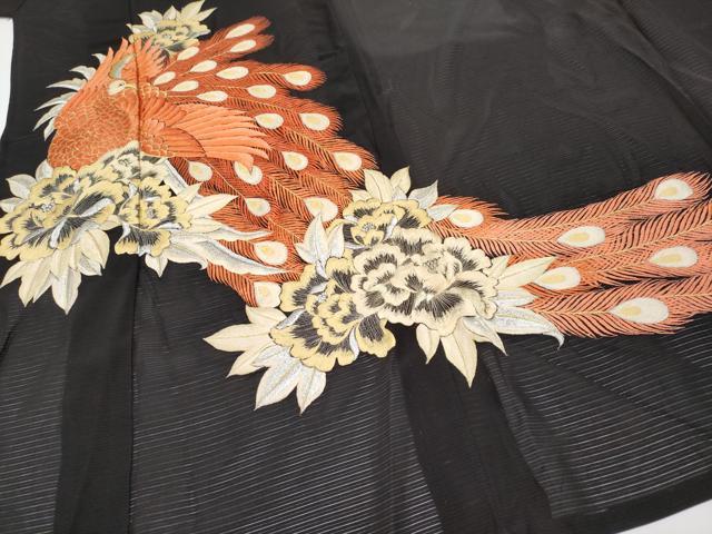 平和屋着物＊夏物　黒留袖　絽　総刺繍　尾長鳥　金銀糸　正絹　逸品　CABG3329tx