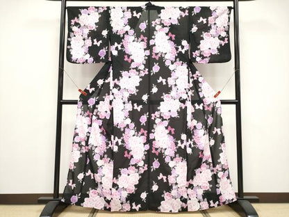 平和屋着物＊夏物　小紋　紅梅　リボン　舞花文　黒地　洗える着物　CABG3333tx