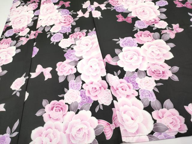 平和屋着物＊夏物　小紋　紅梅　リボン　舞花文　黒地　洗える着物　CABG3333tx