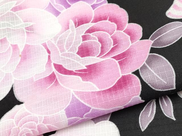 平和屋着物＊夏物　小紋　紅梅　リボン　舞花文　黒地　洗える着物　CABG3333tx
