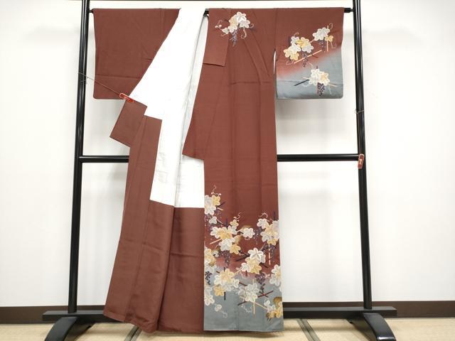 平和屋着物●ファッションデザイナー 花井幸子　訪問着　刺繍　リス　葡萄蔦の葉文　暈し染め　正絹　逸品　CABG3340tx