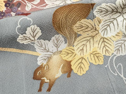 平和屋着物●ファッションデザイナー 花井幸子　訪問着　刺繍　リス　葡萄蔦の葉文　暈し染め　正絹　逸品　CABG3340tx