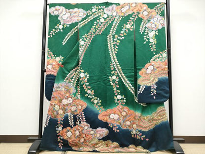 平和屋着物●越後十日町の一流染匠　桐屋・翠山工房　臈纐纈師　振袖　絞り　辻が花　暈し染め　銀通し地　正絹　逸品　CABG3364tx