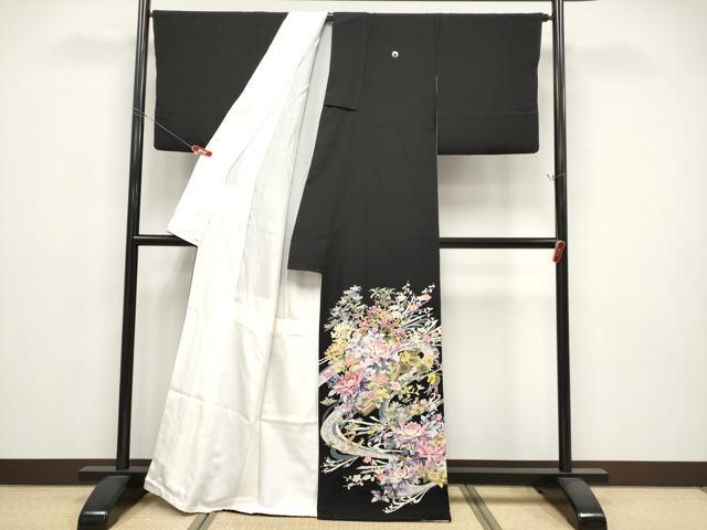 平和屋着物●本加賀友禅作家　染元千紅代表　寺西一紘　黒留袖　流水花舟文　正絹　逸品　CABG3373tx