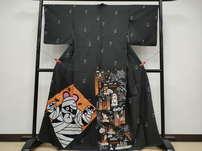 平和屋着物●訪問着　創作　ハロウィン　猫　黒地　洗える着物　未使用　CABG3385tx