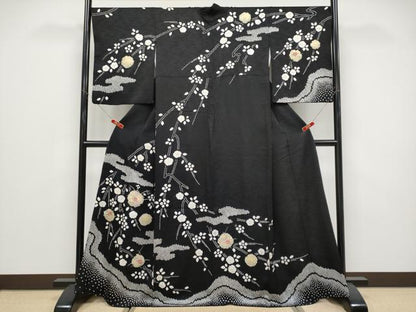 平和屋着物●訪問着　絞り　刺繍　枝垂れ花文　黒地　金彩　正絹　逸品　CABG3387tx