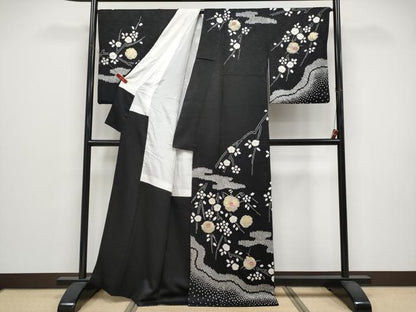 平和屋着物●訪問着　絞り　刺繍　枝垂れ花文　黒地　金彩　正絹　逸品　CABG3387tx