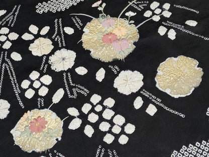 平和屋着物●訪問着　絞り　刺繍　枝垂れ花文　黒地　金彩　正絹　逸品　CABG3387tx