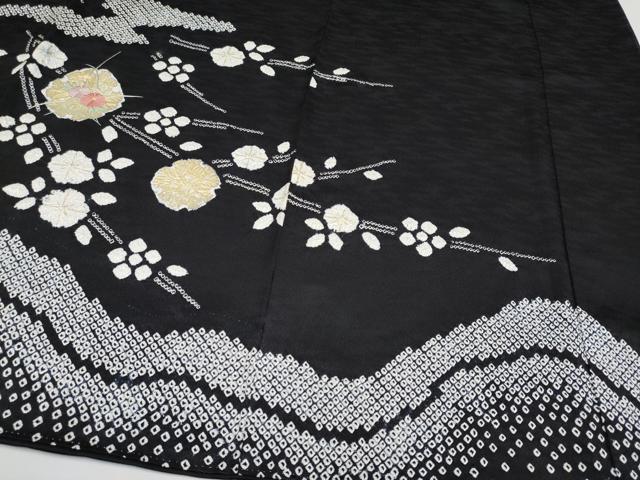 平和屋着物●訪問着　絞り　刺繍　枝垂れ花文　黒地　金彩　正絹　逸品　CABG3387tx