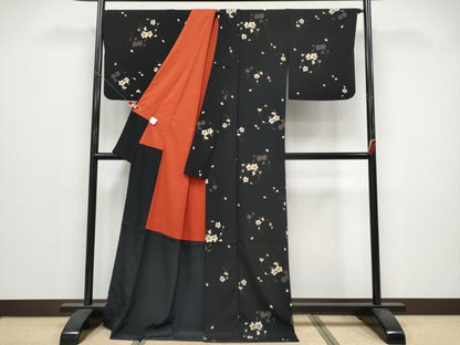 平和屋着物●夢工房　小紋　舞桜文　黒地　洗える着物　CABG3388tx