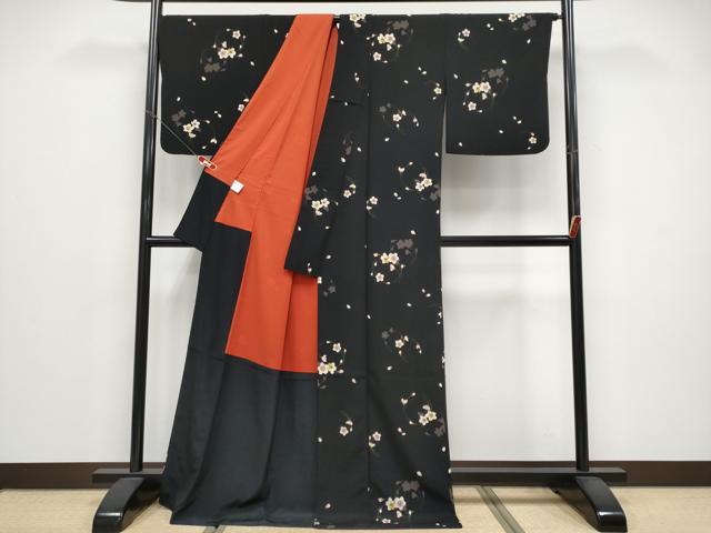 平和屋着物●夢工房　小紋　舞桜文　黒地　洗える着物　CABG3388tx