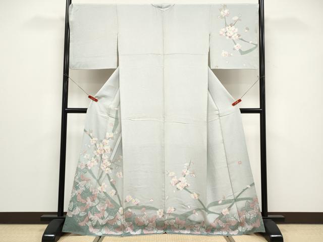 平和屋着物●訪問着　友禅　作家物　枝椿舞蝶文　正絹　逸品　CABG3407tx