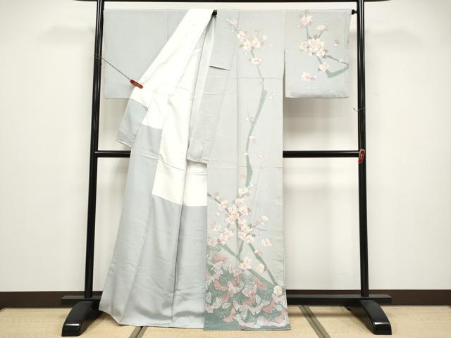 平和屋着物●訪問着　友禅　作家物　枝椿舞蝶文　正絹　逸品　CABG3407tx