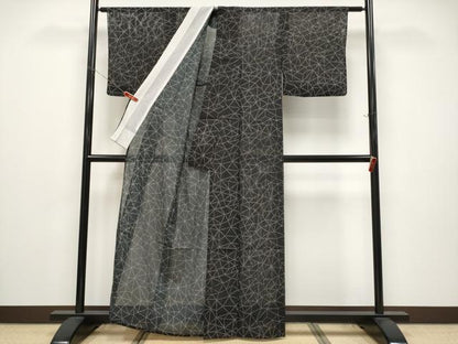 平和屋着物＊夏物　小紋　絽　切嵌文　黒地　洗える着物　CABG3431tx