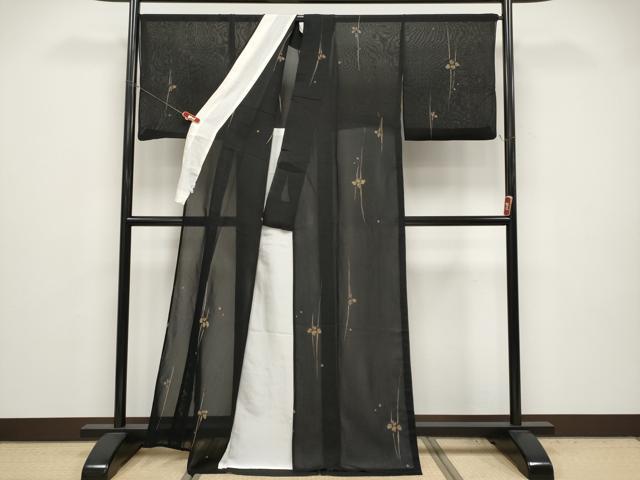 平和屋着物＊夏物 本場小千谷紬 杜若 黒地 金彩 鈴乃屋扱い 大新織物謹製 証紙付き 正絹 逸品 CABG3461tx