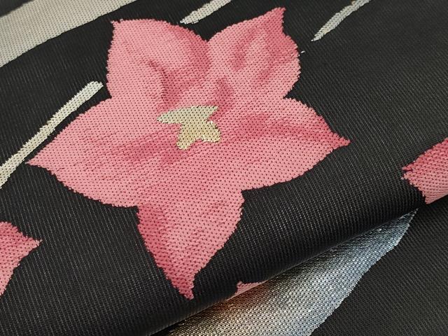 平和屋着物＊夏物　九寸名古屋帯　草花文　黒地　金銀糸　正絹　逸品　CABG3484tx