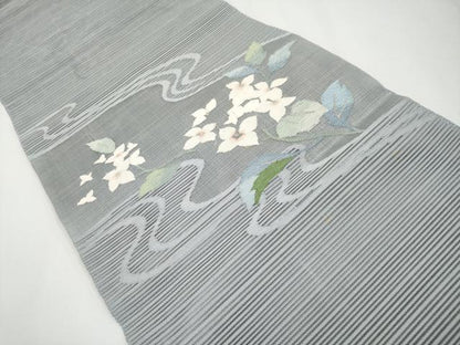平和屋着物＊夏物　八寸名古屋帯　絽綴れ　流水枝花文　銀糸　正絹　逸品　CABG3504tx