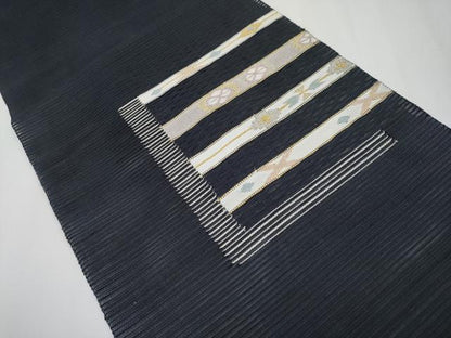 平和屋着物＊夏物　八寸名古屋帯　絽綴れ　横段文　黒地　金銀糸　正絹　逸品　CABG3510tx