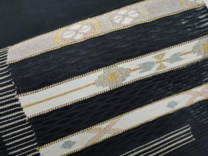 平和屋着物＊夏物　八寸名古屋帯　絽綴れ　横段文　黒地　金銀糸　正絹　逸品　CABG3510tx