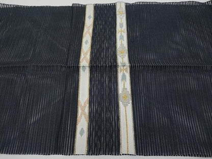 平和屋着物＊夏物　八寸名古屋帯　絽綴れ　横段文　黒地　金銀糸　正絹　逸品　CABG3510tx